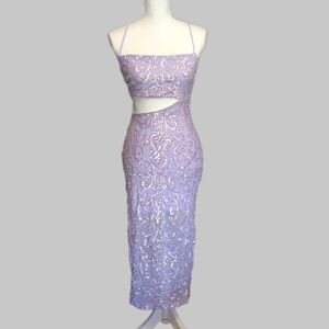 Light Purple Sequined Dress Lilac Midi Cut Out Lace Up Backless Medium